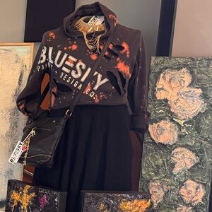 BLUESKY IRON ORE BLACK and BURNT ORANGE Distressed CROPPED street style HOODIE